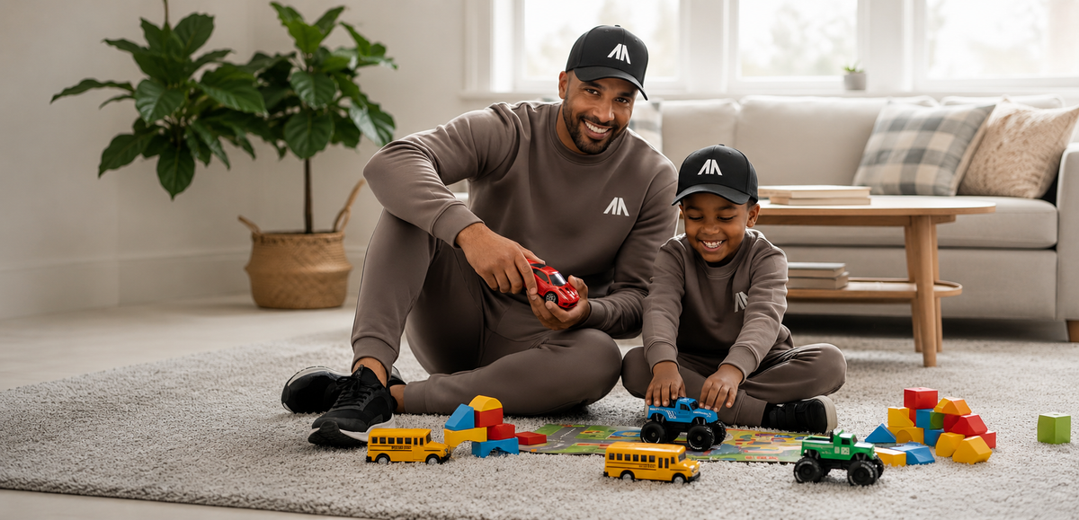Vader en zoon in matchende Affinia-sets